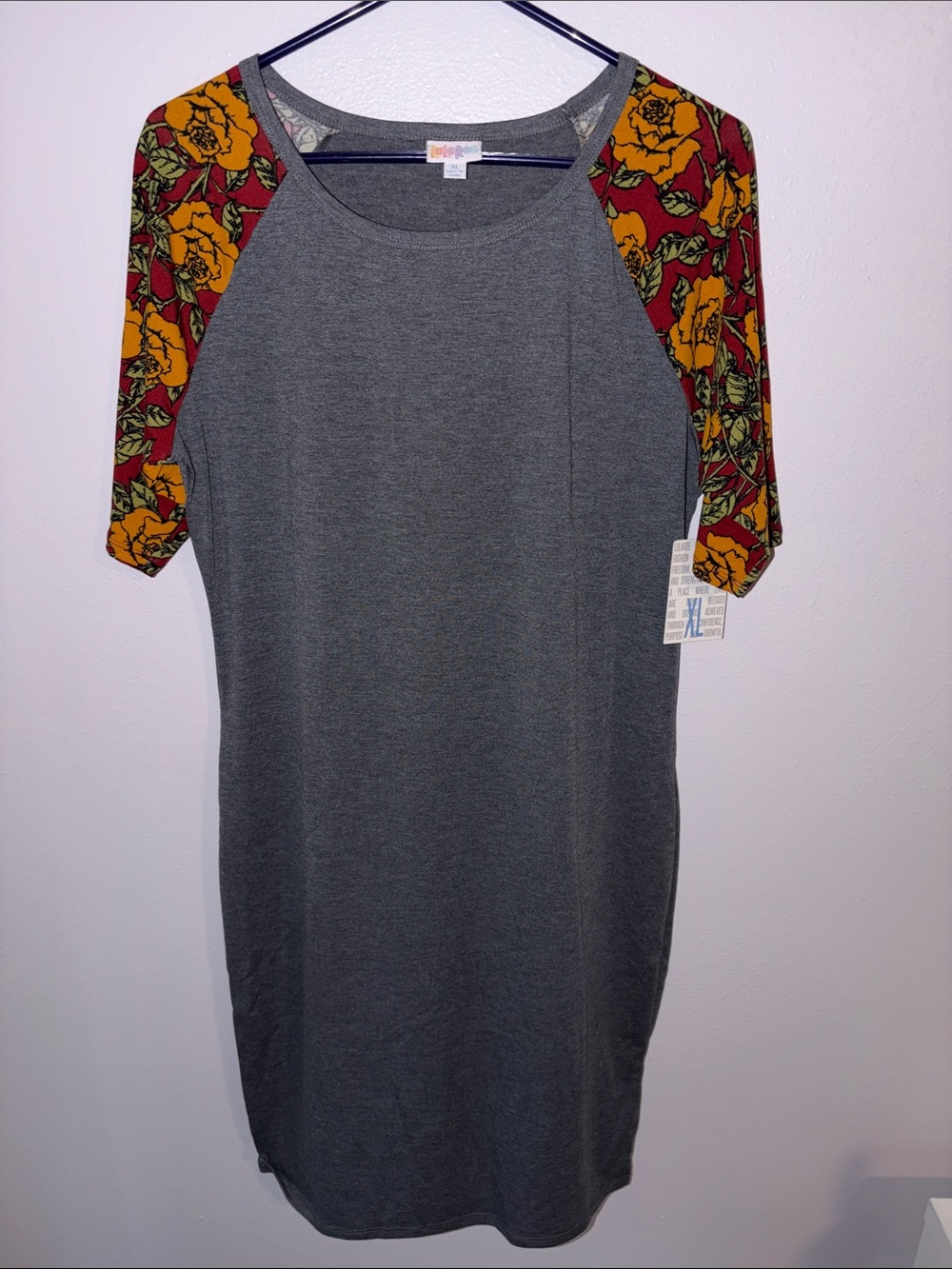 LuLaRoe “Julia” Dress, Gray with Red and Yellow Floral Raglan Sleeves, sz XL